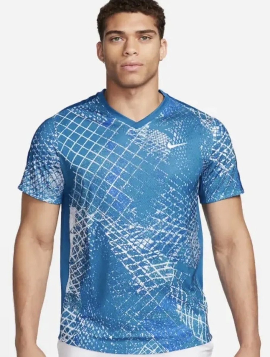 Nike Mens Court Dri-Fit Victory Tennis Shirt Top Blue White Medium