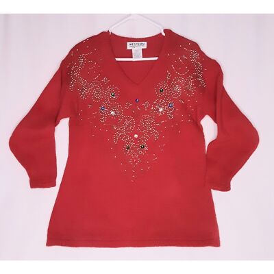 Festive Red Pullover Sweater Womens Small V-Neck Beads Rhinestones