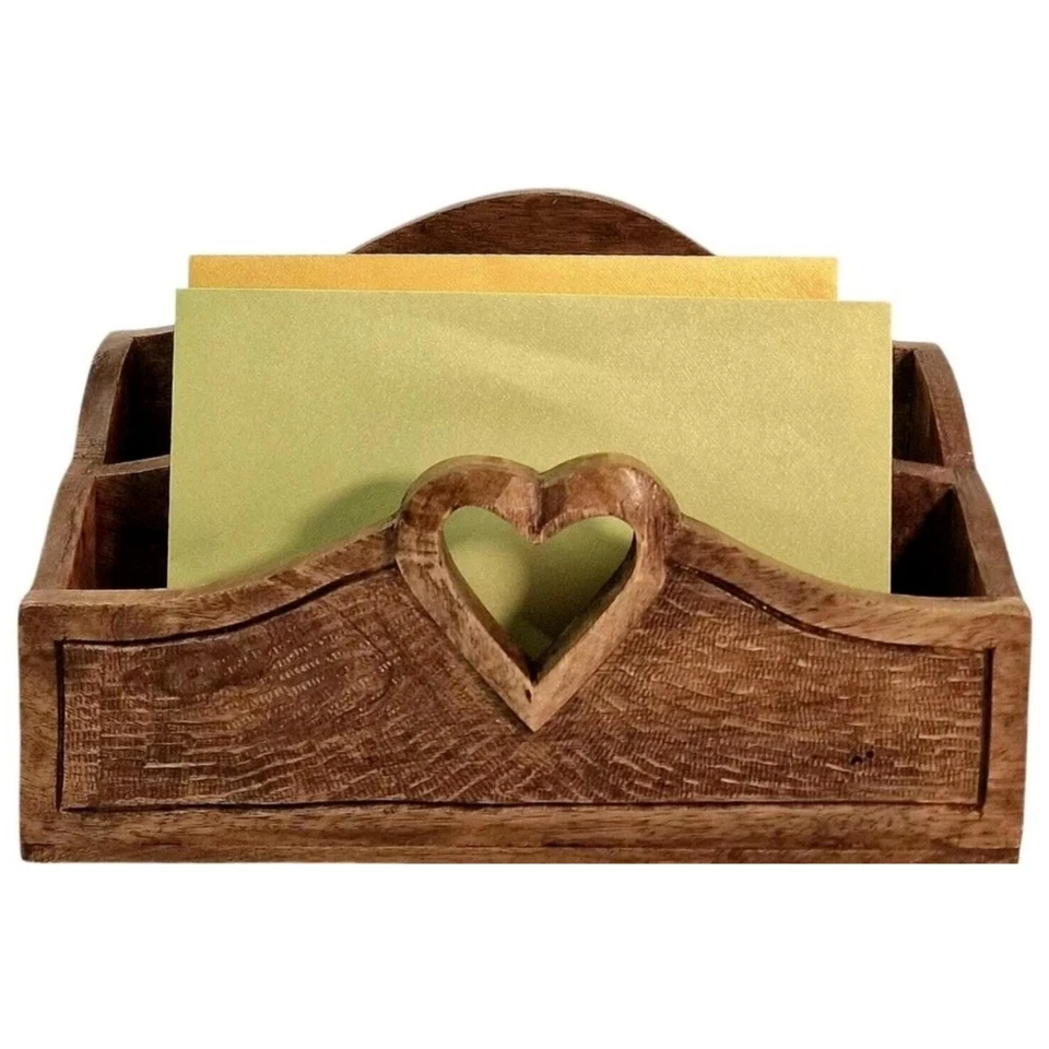 Mango Wood Letter Rack with Heart Design Rustic Mail Organizer Valentine Home - Image 2 of 4