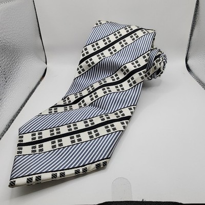 Steve Harvey Necktie Mens Blue Black White Geometric Striped Silk Hand Made