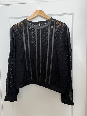 NWT Express Women's XL Black Lace Fully Lined Lace Blouse W Faux Trim Beautiful
