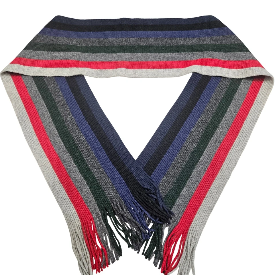 GAP Striped Lambswool Scarf Red Grey Blue Black Green Fringe Preppy Classic - Image 2 of 4