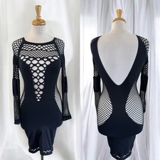 Black Fishnet Cutout Bodycon Mini Dress Open Back Clubwear Y2K Goth Sexy Grunge