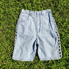 90s Vintage Denim Jean Long Shorts Retro High Waist Boho 26" Small Side Cutouts