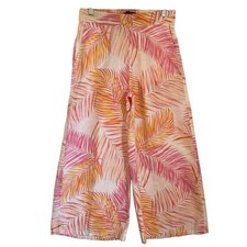 Tahari Linen Wide Cropped Pants M Tropical Multicolor Elastic Waist Resort