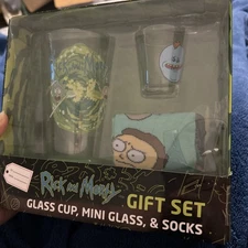 Rick and Morty Adult Swim 16 oz Glass, Crew Socks, Mini Glass Gift Set Bundle