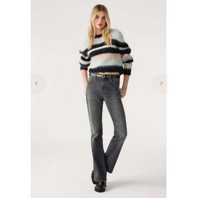 ba&sh Striped Alpaca Blend Fuzzy Knit Cropped Sweater Soft Girl Blue Black L
