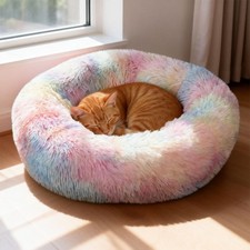 Colorful Long Plush Pet Bed - Soft Fluffy Round Cushion for Small Dogs Cats