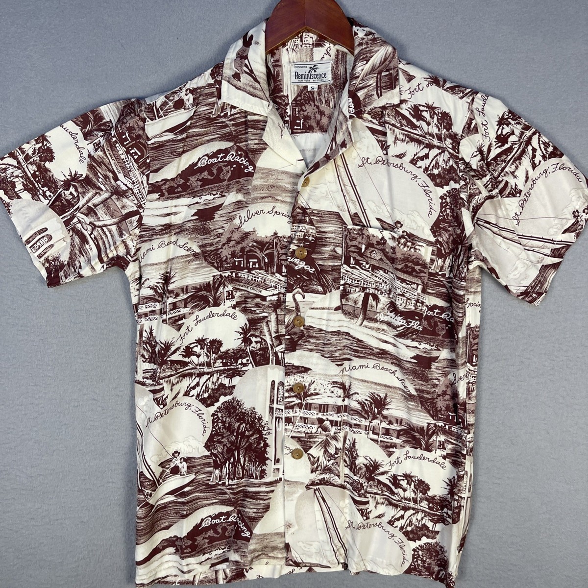 Cold Rayon Scenic Hawaiian Shirt Small Merlot Florida Tourist 80s Vintage