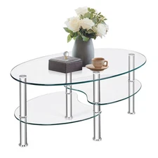 Tempered Glass Oval Side Coffee Table Shelf Chrome Base Living Room Clear New