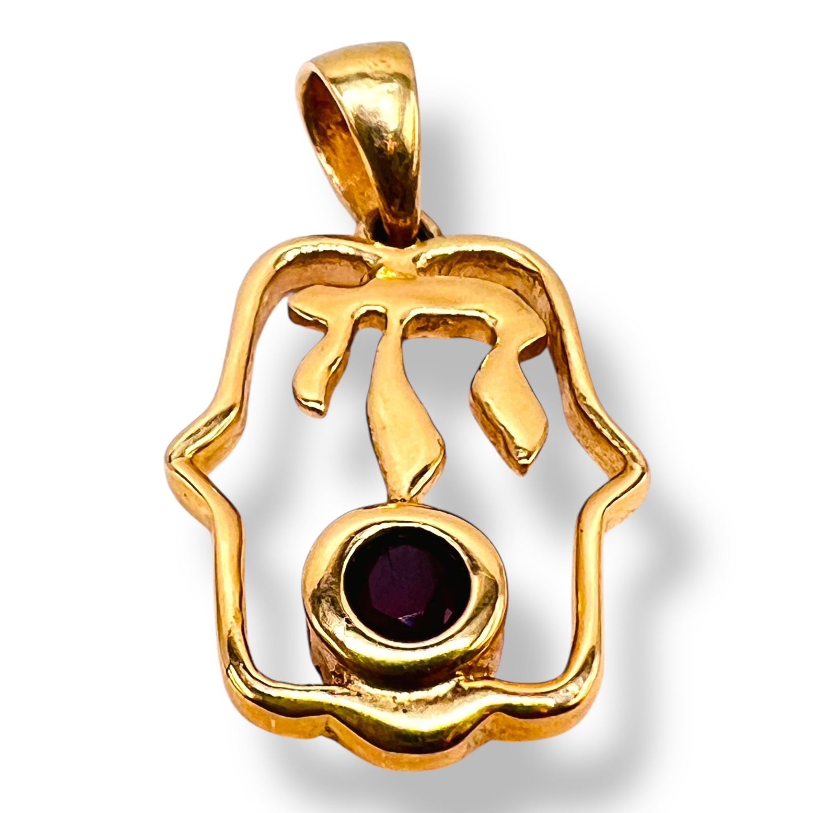 Solid 14k Yellow Gold Ruby Hamsa Chai  Pendant Ch… - image 1