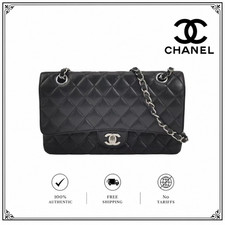 Chanel Medium Classic Flap Bag Black Matte Caviar Silver Hardware Shoulder Bag