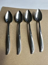 4 Oneida Community Stainless Citrus Grapefruit Spoons Atomic Pattern Serrated