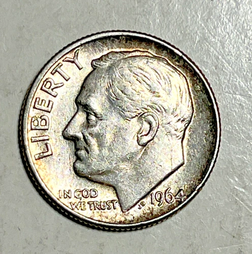 1964 D Silver Roosevelt Dime Toned Better Grade AU BU Denver Mint