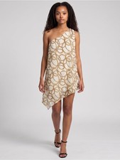 Elen VTG Made in USA Asymmetrical One-Shoulder Cream and Gold Chain-Print Dress