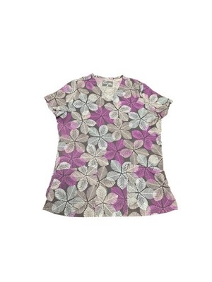 Butter-soft Stretch Womens S Scrub Top Gray Purple Floral Leaf NWOT Short Sleeve