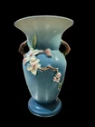 ROSEVILLE APPLE BLOSSOM VASE WITH HANDLES BLUE FORM 385-8