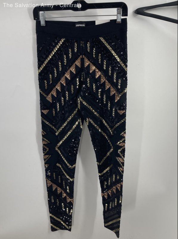 Express Women's High Rise Sequin Geometric Art Deco Leggings Black Gold XS NWT