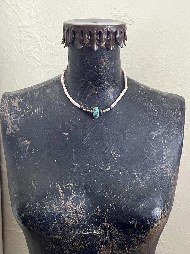 "Collar de cuentas Heishi de colección de plata de ley 925 turquesa y pequeño concha de Puka 14""" Foto 2 de 4