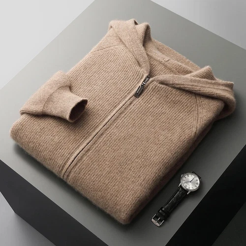 Cardigan uomo puro cashmere con cappuccio autunno maglia giacca maglione spesso tempo libero - Foto 1 di 27