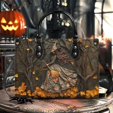 Personalize Salem Witch Autumn Leather Handbag, Floral Witch Girl Leather Bag