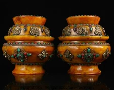 9.2 "Old Tibet Buddhism beeswax Inlay Turquoise Gem Eight treasures Pot Jar Pair