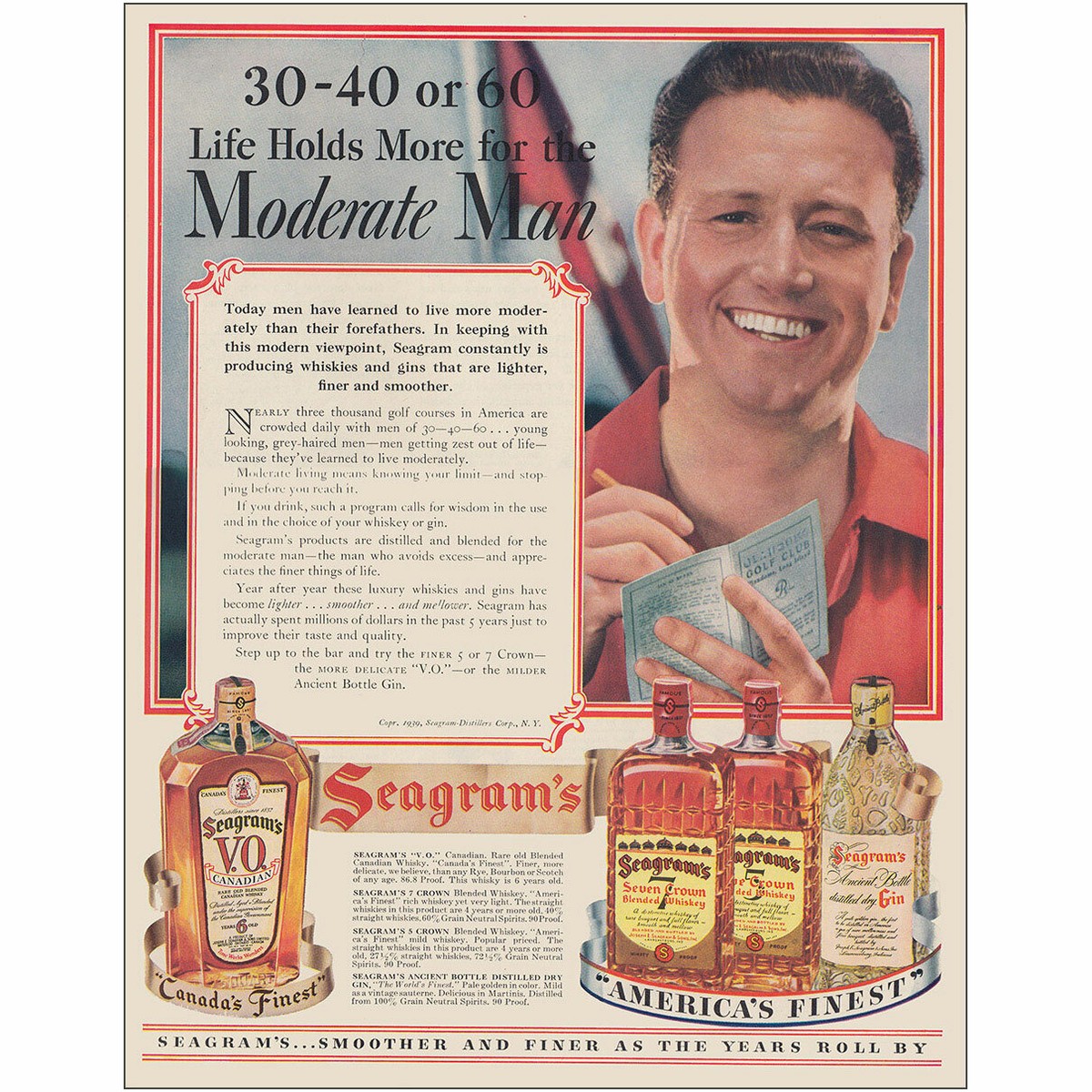 1939 Seagrams: Life Holds More For the Moderate Man Vintage Print 