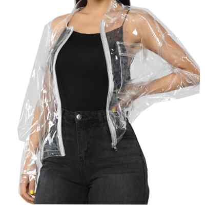 Women PVC Leather See-through Jacket Transparency Front Zip