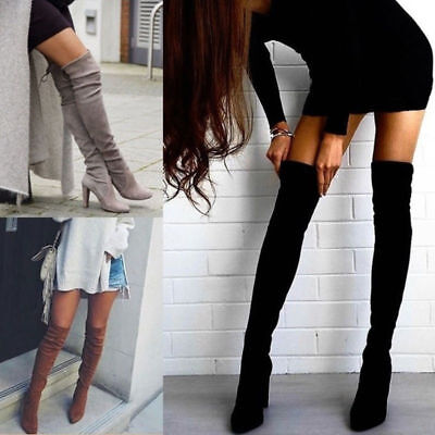Details about  / Ladies Long Stretch Block Heels Shoes Womens Boots High Over The Knee Casual New
