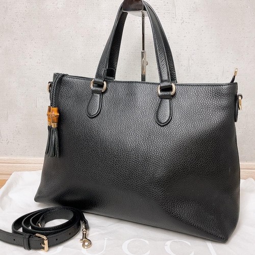 Gucci Bamboo Tassel Handbag 449643 Leather Black Genuine Daily