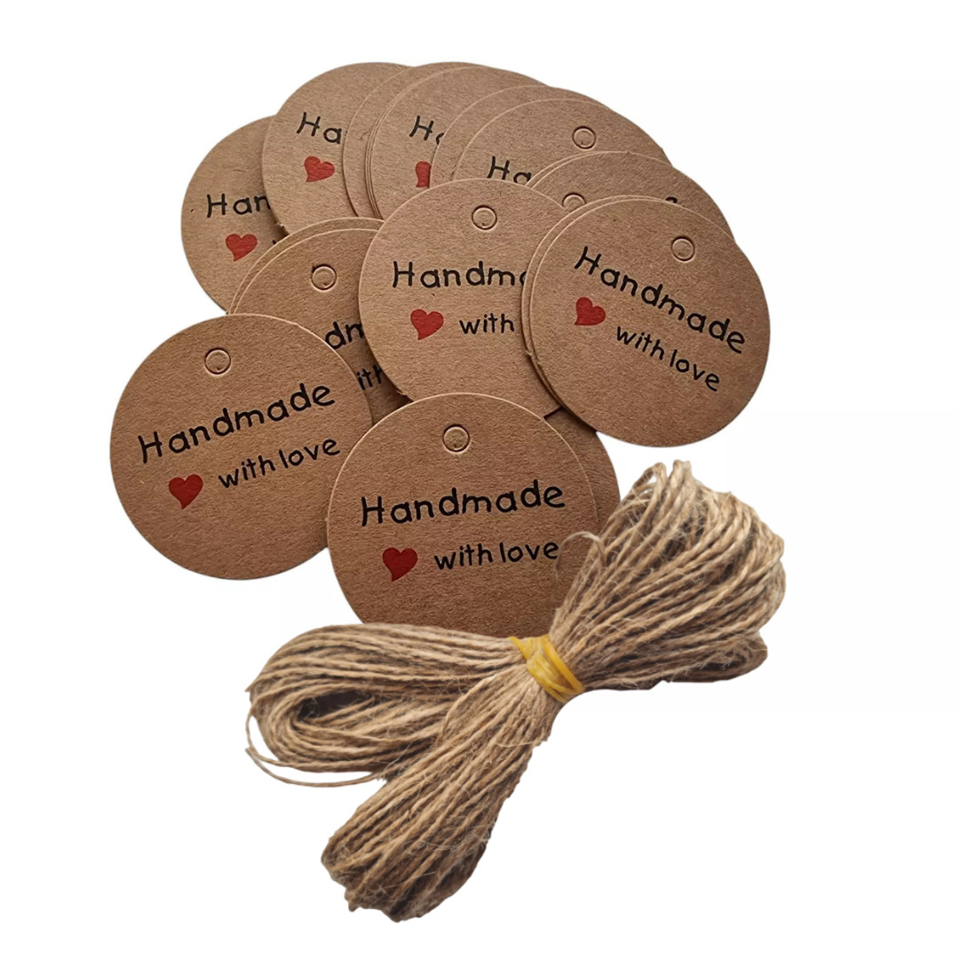 100 x Jewellery Display Gift Tag Price Labels Brown Handmade With Love 4.5cm (S)