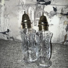 Vtg Fifth Ave Lead Crystal Salt & Pepper Shakers Silver Lids 5 1/4"