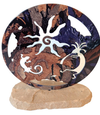 Southwestern-style Collectible Metal Figurine with Keopelli, Gecko & Sun-7''H