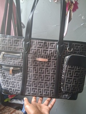 Fiorelli Black Gray Geometric Large Tote Zip Closure Outer Pockets Strap Silver