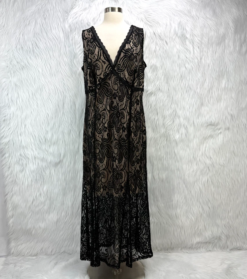 Vestido maxi En Focus Y2K preto sobreposição de renda 14W noite coquetel pergaminho vamp gótico - Imagem 2 de 4