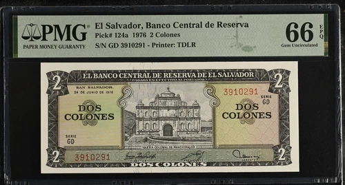 EL SALVADOR 2 COLONES 1976 p124a SERIE GD NGC 66 GEM UNC EPQ