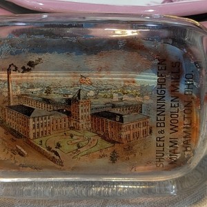  Rare Antique Pyrophoto Glass Paperweight Hamilton Ohio Woolen Mills Factory