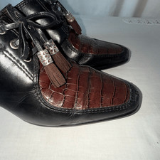 Vintage Brighton Tassle Mules 8.5M Croc Embossed Black Brown Leather Heels Boho