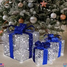 Lighted Gift Boxes Set of 3, Silver with Bow, Prelit 60 White Lights Display