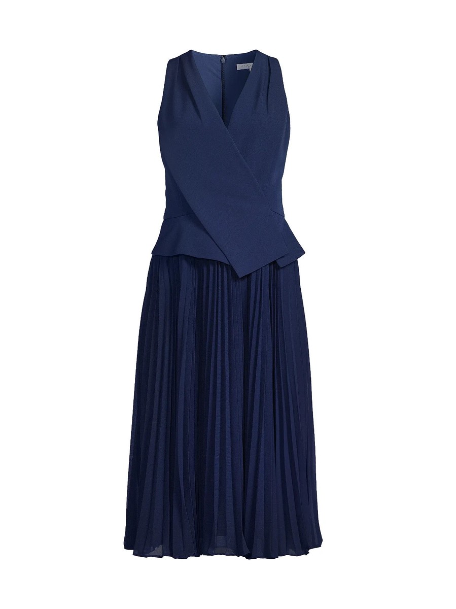 NEW, Kay Unger Stretch Crepe Pleated Midi-Dress in Navy Size 12 #MD0157