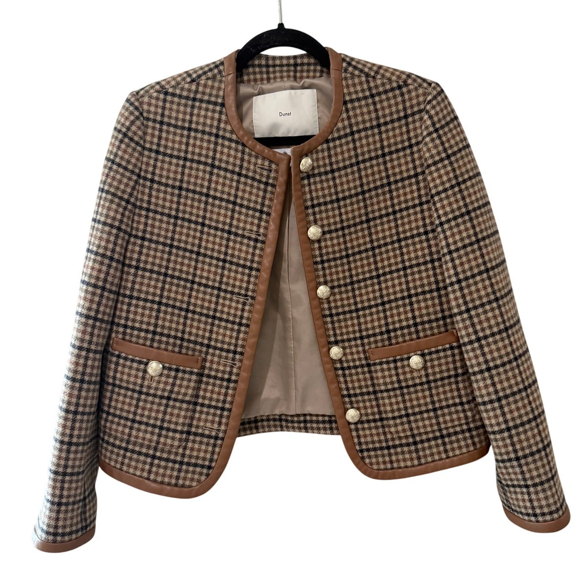 Dunst Tweed Check Wool Blend Collarless Jacket Brown Women