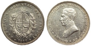 Uruguay 50 Centésimos 1917 Artigas Silver