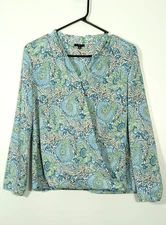 Talbots Petites Blouse 10P Blue Green Paisley V-Neck Long Sleeve Lightweight Top