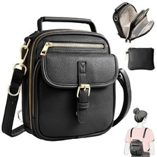 Vegan Leather Crossbody Bag for Women with 2 Straps, Small Messenger Bag Black