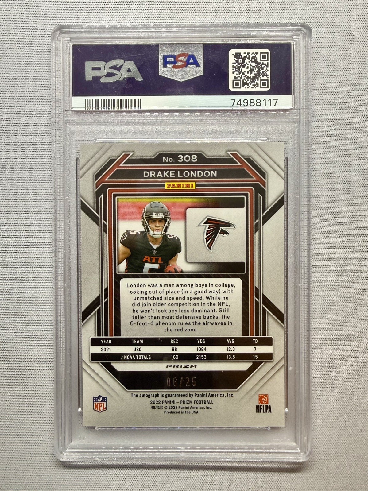 2022 Panini Prizm Drake London #308 Camo Auto /25 RC PSA 9 view 3