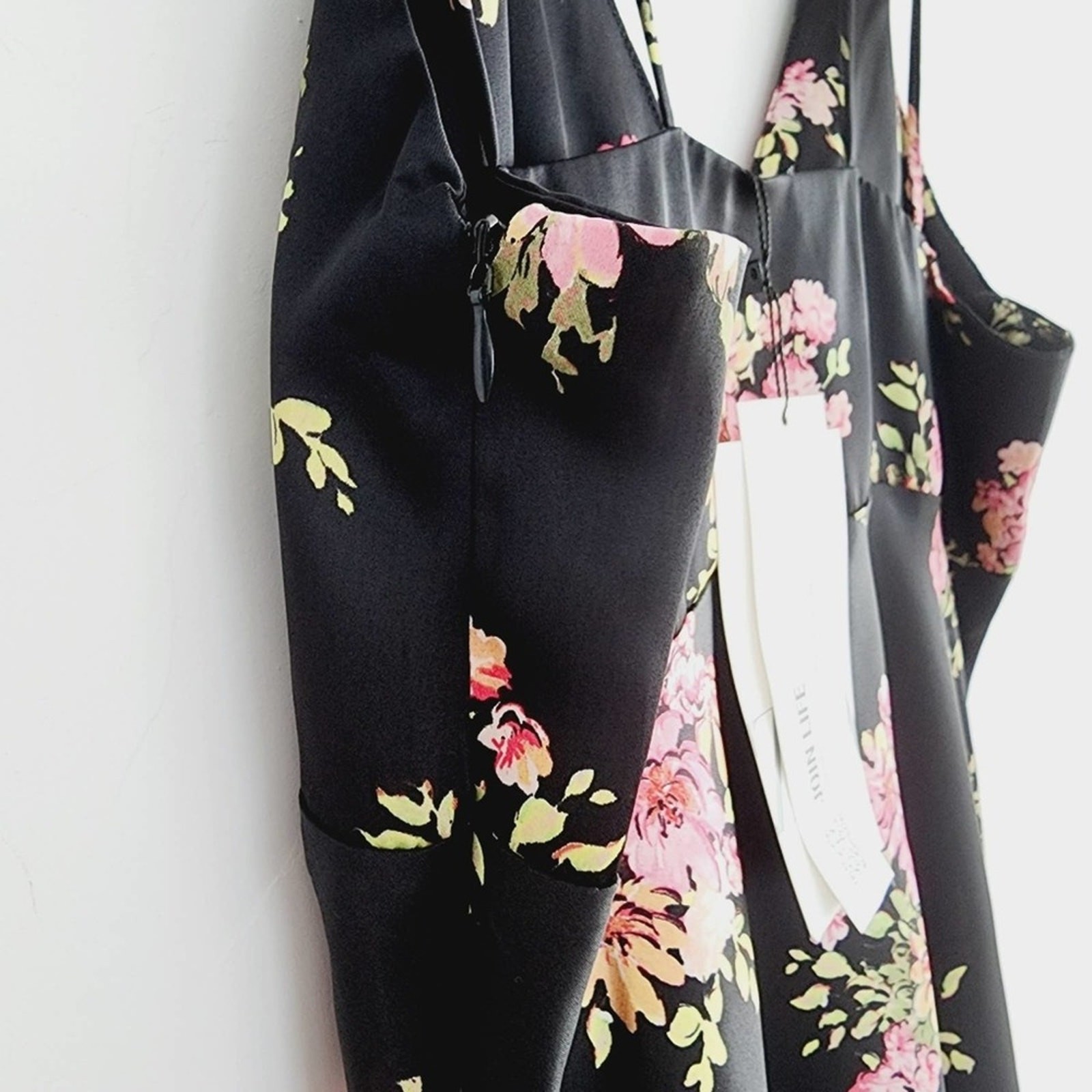 Zara Black Floral Satin Effect Midi / Maxi Slip Dress Spaghetti Straps Large thumbnail 6