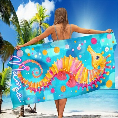 1pc ized Name/Text Beach Towel with Sea Horse Design & Custom Lettering - Larg