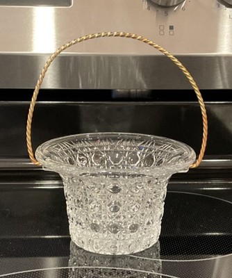 Avon Pressed Glass Decorative Basket Clear Round Gold Metal Handle Glossy Finish