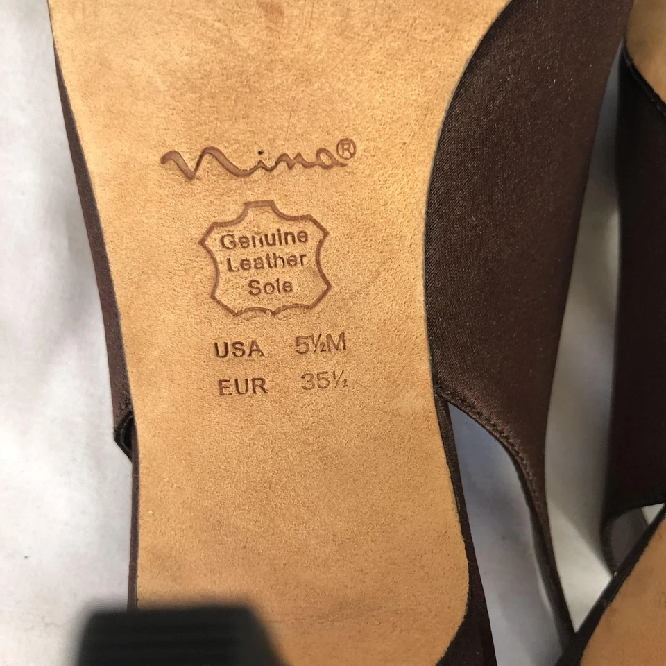 Zapatos Nina para mujer talla 5,5 marrón satinado con cordones punta abierta tacones lazo suela de cuero Foto 4 de 4