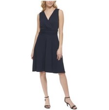 Tommy Hilfiger Size 4 Navy Blue Sky Captain Ribbed V-Neck Dress Silky Knit NEW